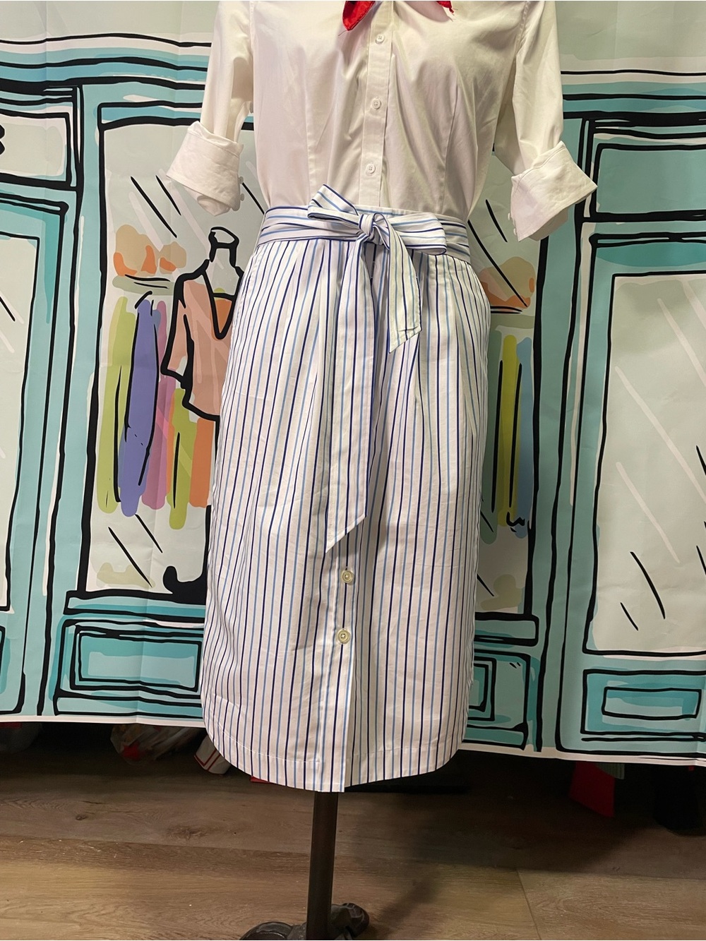 Talbots Blue and White Striped Tie-Waist Midi Skirt